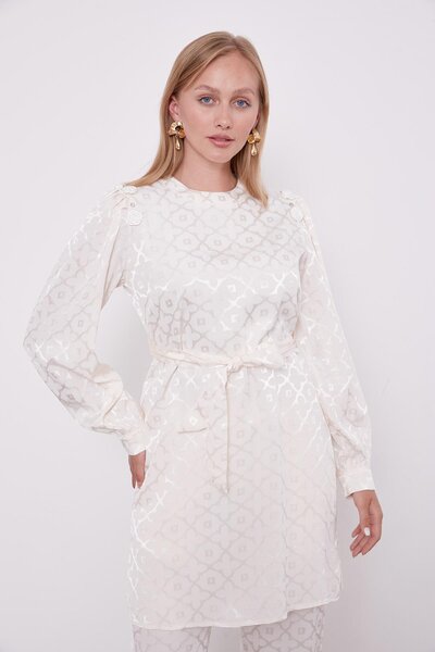 Levidor Ekru Yonca Desenli Jakar İkili Takım