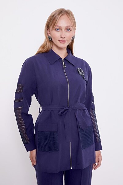 Levidor Navy Blue Mesh Detailed Double Suit