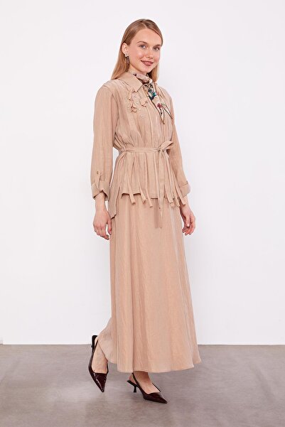 Levidor Beige Collar Stone Detailed Cupra Skirt Set