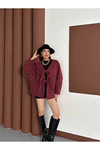 MODAMERSİ Women's Burgundy Bow Tie Detailed Faded Cashmere Coat