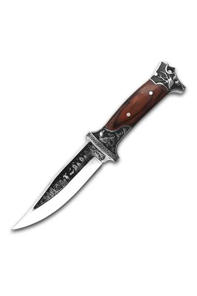 Depox Lovecký nůž, rytý design, dřevěná rukojeť, 28 cm, hnědý