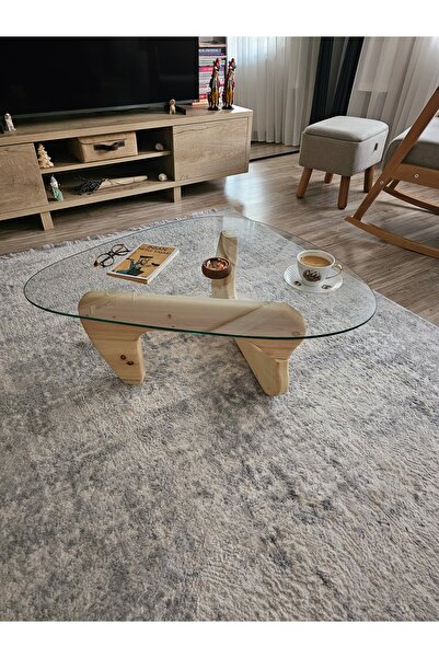 UĞURLU HOME Doğal Ahşap Ayaklı Temperli Cam Orta Sehpa – 90x65x30 cm Natürel ...