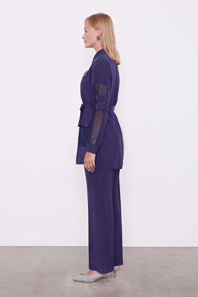 Levidor Navy Blue Mesh Detailed Double Suit