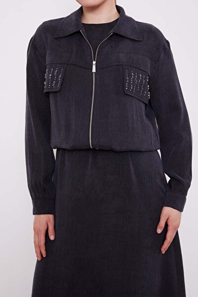 Levidor Black Stone Detailed Zippered Jacket Set