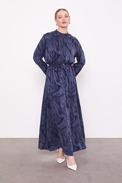 Levidor Lacivert Yakası Taş Detaylı Cupra Elbise