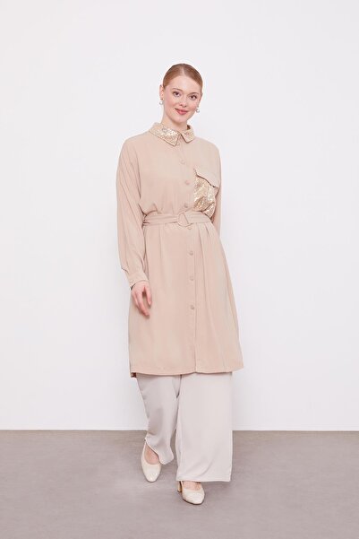 Levidor K.Beige Tunic with Pocket and Collar Sequin Detail