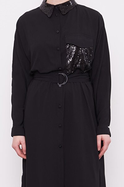 Levidor Black Tunic with Pocket and Collar Sequin Detail