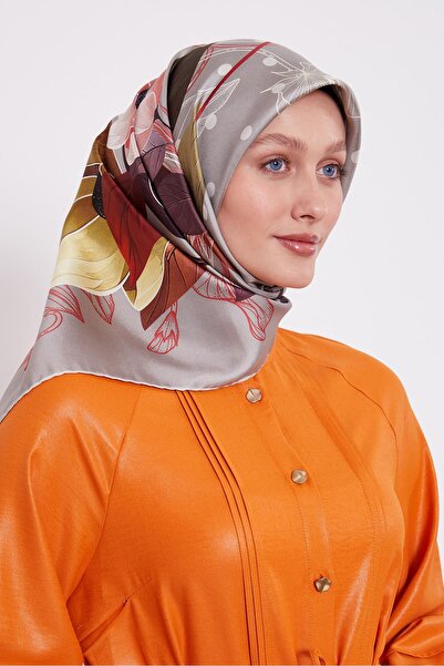 Levidor وشاح حريري من التويل بنمط زهرة اللوتس باللون الرمادي