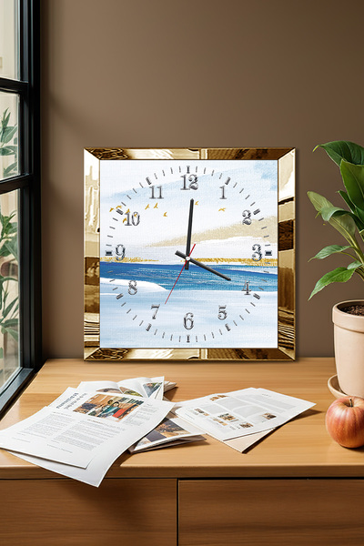 Zevahir Mobilya Dekorasyon Gold Framed Blue Horizon Themed Decorative Mdf Wall Clock