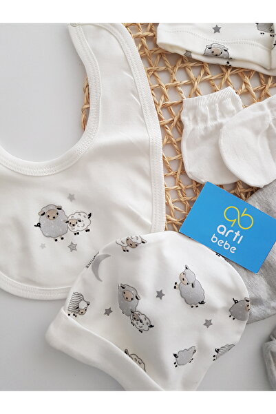 artıbebe Newborn Unisex 5-Piece Hospital Discharge Set |   100% Cotton Lamb Patterned First Wear Set