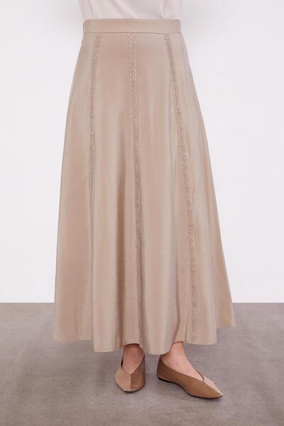 Levidor Beige Stripe Lace Detail Skirt Suit