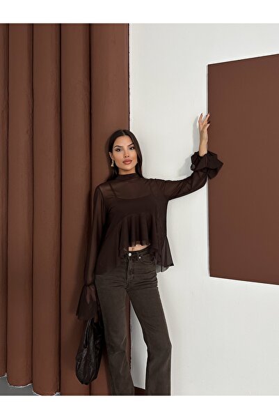 LE CARAMBOLE Γυναικεία μπλούζα από τούλι με καφέ λαιμόκοψη και λεπτομέρεια με βολάν