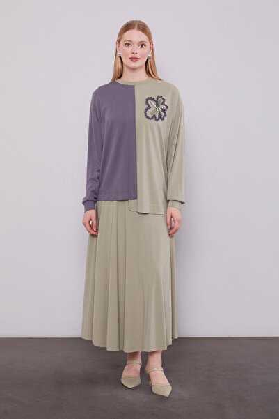 Levidor Çağla Yeşili İki Renkli Asimetrik Etekli Takım