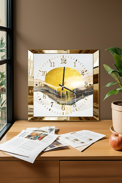 Zevahir Mobilya Dekorasyon Gold Framed Golden Horizon Themed Decorative Mdf Wall Clock