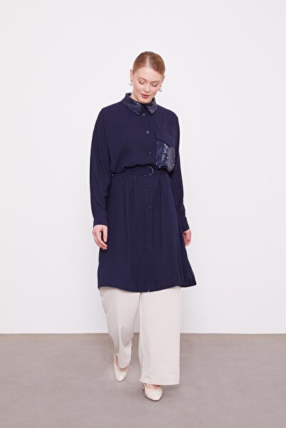 Levidor Navy Blue Tunic with Pocket and Collar Sequin Detail