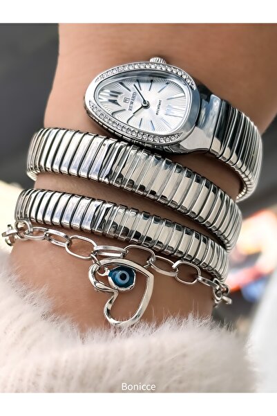 Reward Stone Snake Watch from Thick to Thin (2 Laps), Small Case 24 Mm, 3 Atm Silver Steel Band, Bracelet