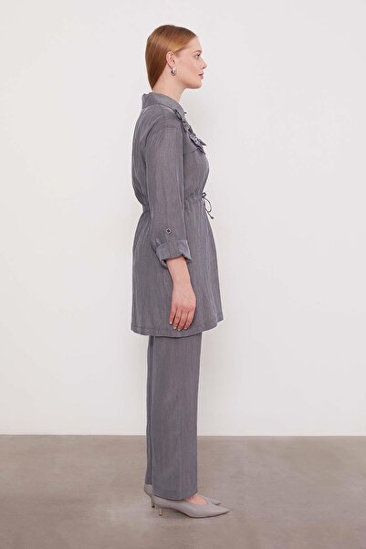 Levidor Gray Embroidered Shoulder Detail Cupra Two-Piece Set