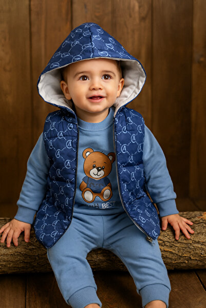 GMG Baby Men's Blue Hooded Vest Three-Piece Set 9 Months, 12 Months, 18 Month...