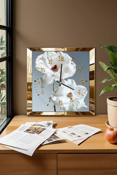 Zevahir Mobilya Dekorasyon Gold Framed White Flowers Themed Decorative Mdf Wall Clock