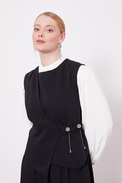 Levidor Black Vest Set Stone Detailed Skirt Suit