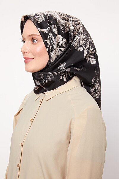 Levidor Black Abstract Rose Pattern Twill Silk Scarf