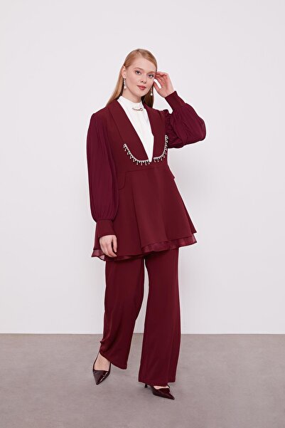Levidor Burgundy Chiffon Sleeves Stone Detail Two Piece Set