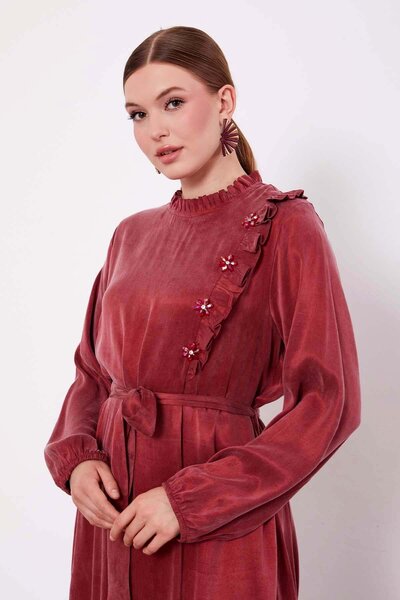 Levidor Bordo Çiçek Taş Detaylı Cupra Elbise