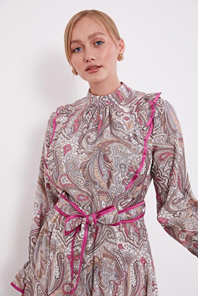 Levidor Vizon Fırfırlı Etnik Desen Elbise