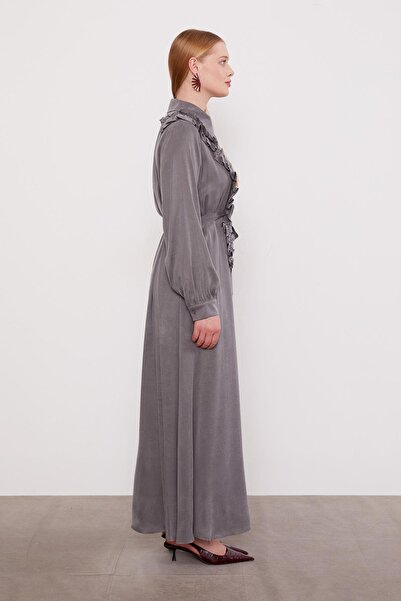 Levidor Koyu Gri Düğme Detaylı Cupra Elbise