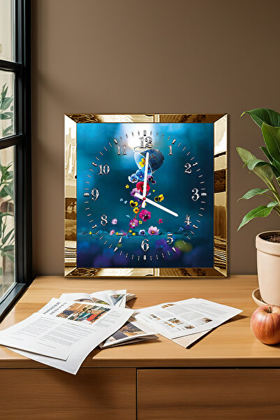 Zevahir Mobilya Dekorasyon Gold Framed Flowers Spilled from a Cup Themed Decorative Mdf Wall Clock