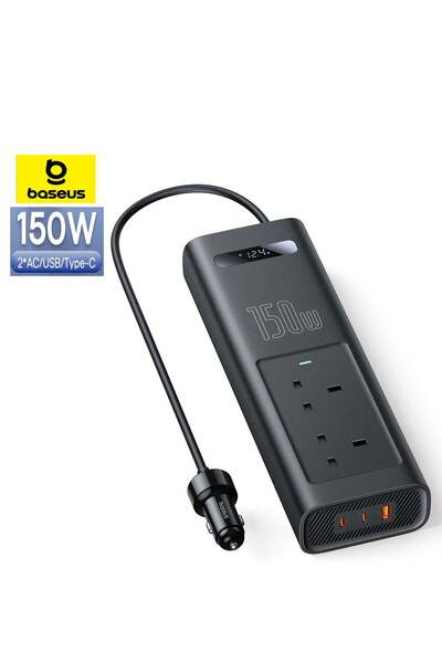 Baseus 150W Car Power Inverter, 12/24V DC to 220V AC with QC3.0 USB, PD Type-C Ports, LED Display, B