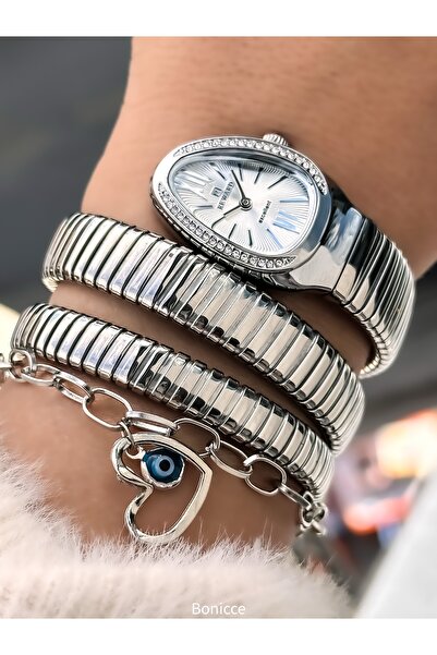 Reward Stone Snake Watch from Thick to Thin (2 Laps), Small Case 24 Mm, 3 Atm Silver Steel Band, Bracelet