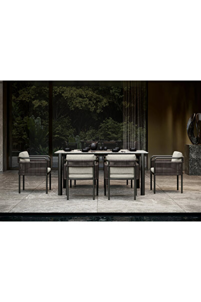 SCY Speula Modern Bahçe Mobilya Takımı 6 Kişilik Örgü Detaylı Bahçe Yemek Tak...