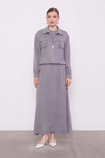 Levidor Gray Stone Detailed Zippered Jacket Set