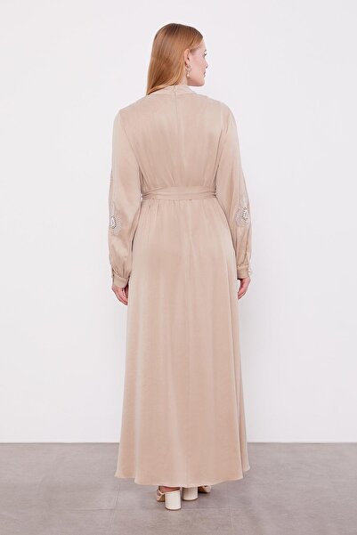 Levidor Beige Pearl Embroidery Detailed Cuıpra Dress