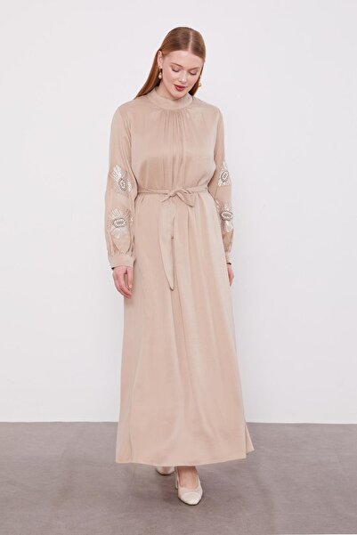 Levidor Beige Pearl Embroidery Detailed Cuıpra Dress