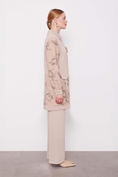 Levidor Dark Beige Double Suit with Rose Detail on the Collar