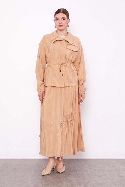 Levidor Camel Hidden Zipper Detailed Skirt Set