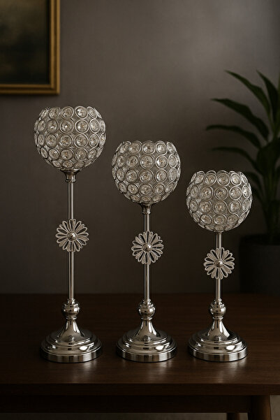 MİS KİTCHEN Kristal Taşlı Üçlü Şamdan Seti – Gümüş Metal Dekoratif Mumluk Takımı
