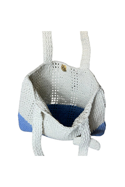 Uretti - Geantă de umăr Emine 9106, tricotată manual, cu mărgele din lemn, model cu două culori, din bumbac - 30 x 26