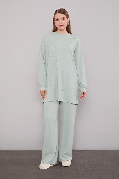 Levidor Mint Yeşili Şerit Taş Detaylı İkili Takım