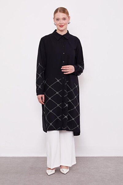 Levidor Siyah Baklava Desen Taş Baskılı Tunik