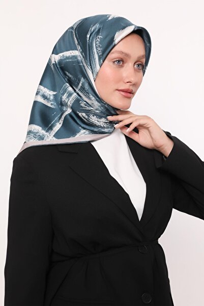 Levidor Petrol Green Brushstroke Pattern Twill Silk Scarf