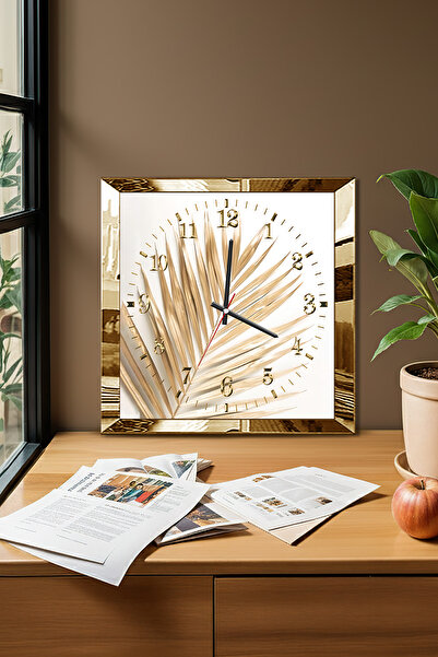 Zevahir Mobilya Dekorasyon Gold Framed Dry Leaf Themed Decorative Mdf Wall Clock