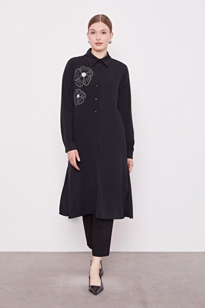 Levidor Siyah Taş Çiçek Desen Baskılı Tunik