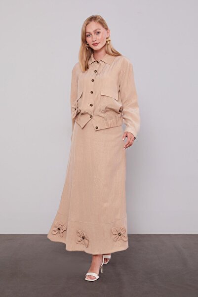 Levidor Beige Rose Detailed Cupra Skirt Suit
