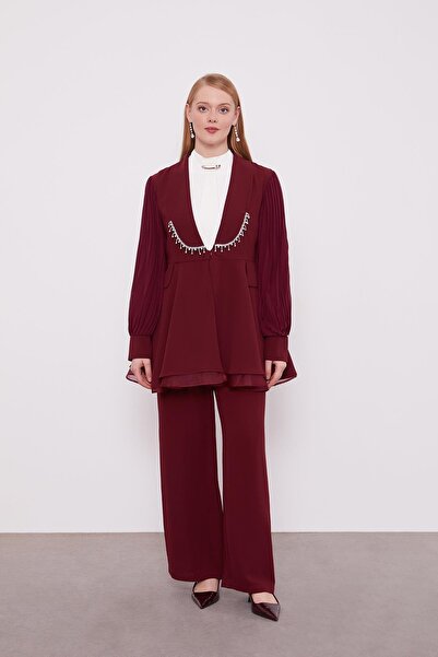 Levidor Burgundy Chiffon Sleeves Stone Detail Two Piece Set