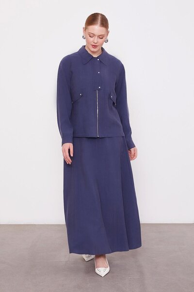 Levidor Navy Blue Pocket Detailed Zippered Skirt Set