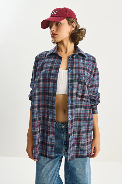 Bianco Lucci Kadın Tek Cep Detaylı Oversize Ekose Gömlek 513 60283572