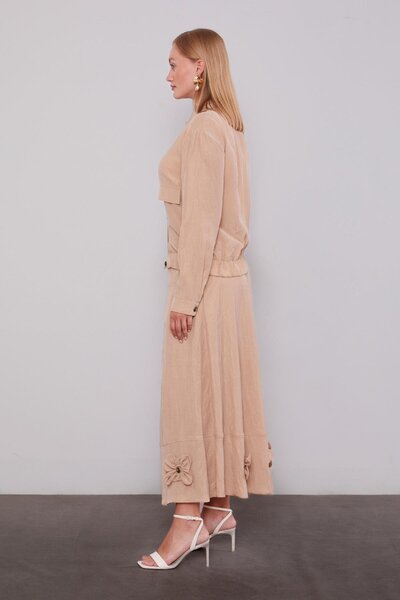 Levidor Beige Rose Detailed Cupra Skirt Suit